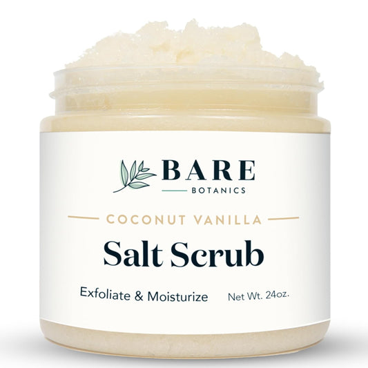 Bare Botanics Coconut Vanilla Body Scrub 24oz | Made in Madison, WI | All Natural Sea Salt Exfoliator w/ Skin Loving Moisturizers | Vegan & Cruelty Free | Gift Ready Packaging w/ a Cute Wooden Spoon