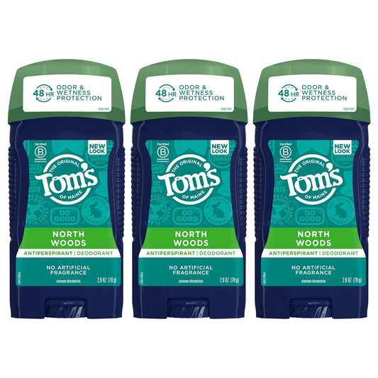 Tom's of Maine Antiperspirant Deodorant for Men, North Woods, 2.8 oz, Pack of 3 (Packaging May Vary)