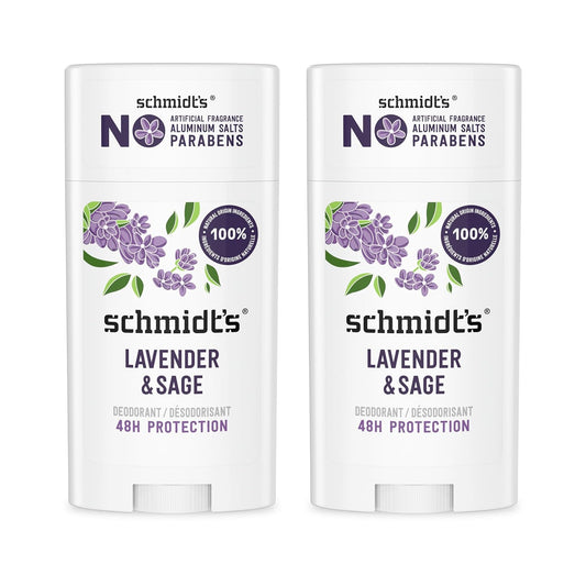 Schmidt's Aluminum-Free Vegan Deodorant Lavender & Sage with 24 Hour Odor Protection, 2 Count for Women and Men, Natural Ingredients, Cruelty-Free, 2.65 oz
