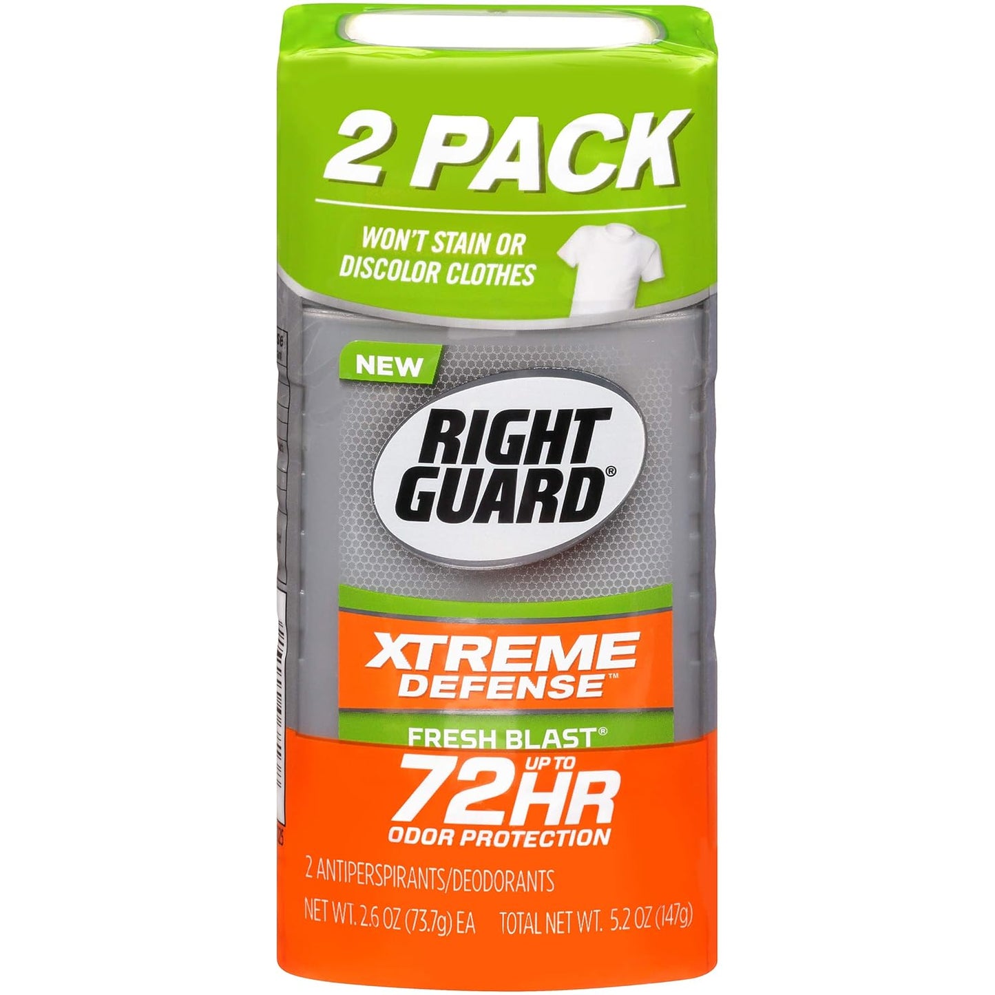 Right Guard Xtreme Defense Antiperspirant Deodorant Invisible Solid Stick, Fresh Blast, 2.6 Ounce Twin Pack (Pack of 3)