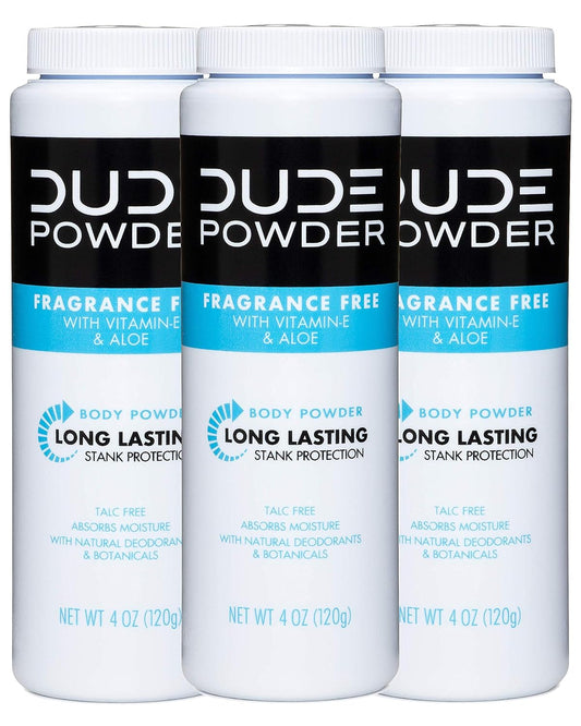 DUDE Body Powder - Fragrance Free 4 Ounce (3 Bottle Pack) Natural Deodorizers With Chamomile & Aloe, Talc Free Formula, Corn-Starch Based Daily Post-Shower Deodorizing Powder for Men