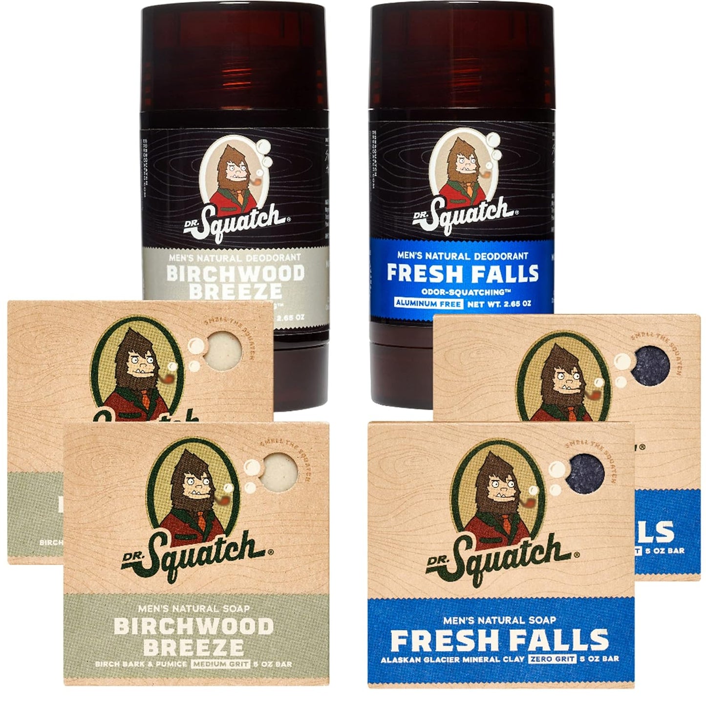 Dr. Squatch Manly Soap and Deodorant Variety Pack - Handmade with Organic Oils, Aluminum-Free - Birchwood Breeze and Fresh Falls