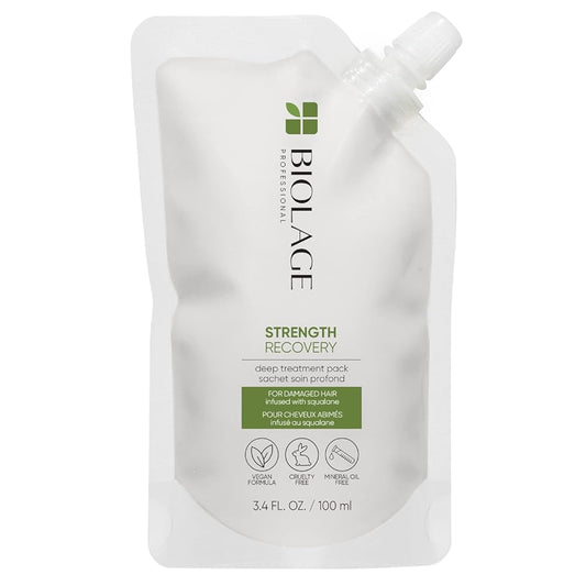 Biolage Strength Recovery Deep Treatment Pack | Moisturizing Hair Repair Mask | For Dry, Damaged Hair Types | Deep Conditioning | Cruelty-Free | Infused with Vegan Squalane | 3.4 Fl. Oz