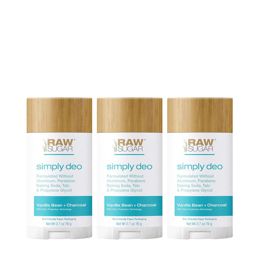 Raw Sugar Simply Deo Bundle - Aluminum Free Deodorant for Men & Women, Vanilla Bean + Charcoal Scented, Formulated without Baking Soda, Talc & Parabens (Pack of 3)