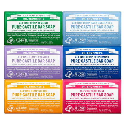Dr. Bronner's - Pure-Castile Bar Soap (5 Ounce Variety Gift Pack) Almond, Unscented, Lavender, Peppermint, Citrus, Rose - Made with Organic Oils
