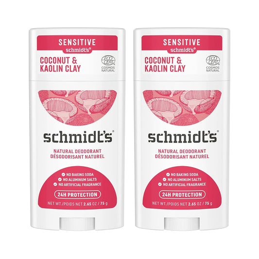Schmidt's Aluminum Free Natural Deodorant Coconut & Kaolin Clay 2-pk for Women and Men, with 24 Hour Odor Protection, Certified Natural, Cruelty Free, Vegan Deodorant 2.65oz
