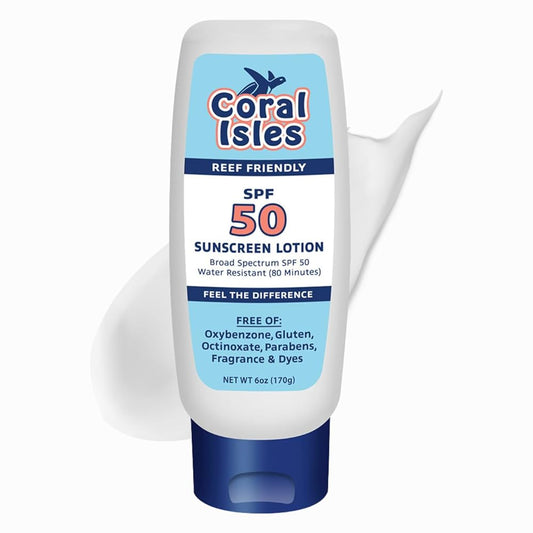 Coral Isles Sunscreen SPF 50 | Hawaii 104 Reef Safe Act Compliant (Octinoxate & Oxybenzone Free) | Broad Spectrum UVA/UVB Protection | Water Resistant 80 Min. | Fragrance Free | 6 Fl Oz