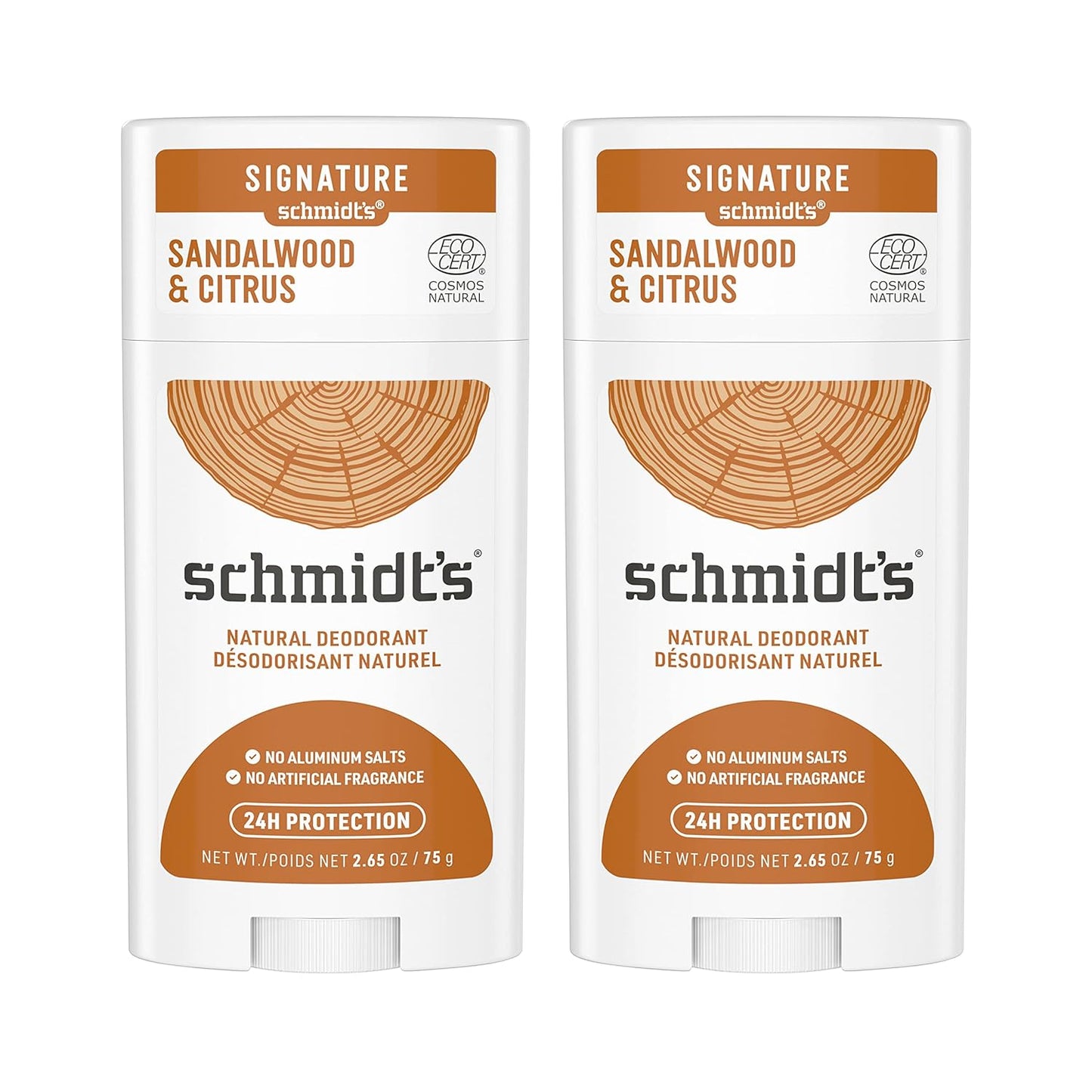 Schmidt's Aluminum Free Natural Deodorant for Women and Men, Sandalwood and Citrus with 24 Hour Odor Protection, Certified Natural, Vegan, Cruelty Free, 2.65 oz Pack of 2
