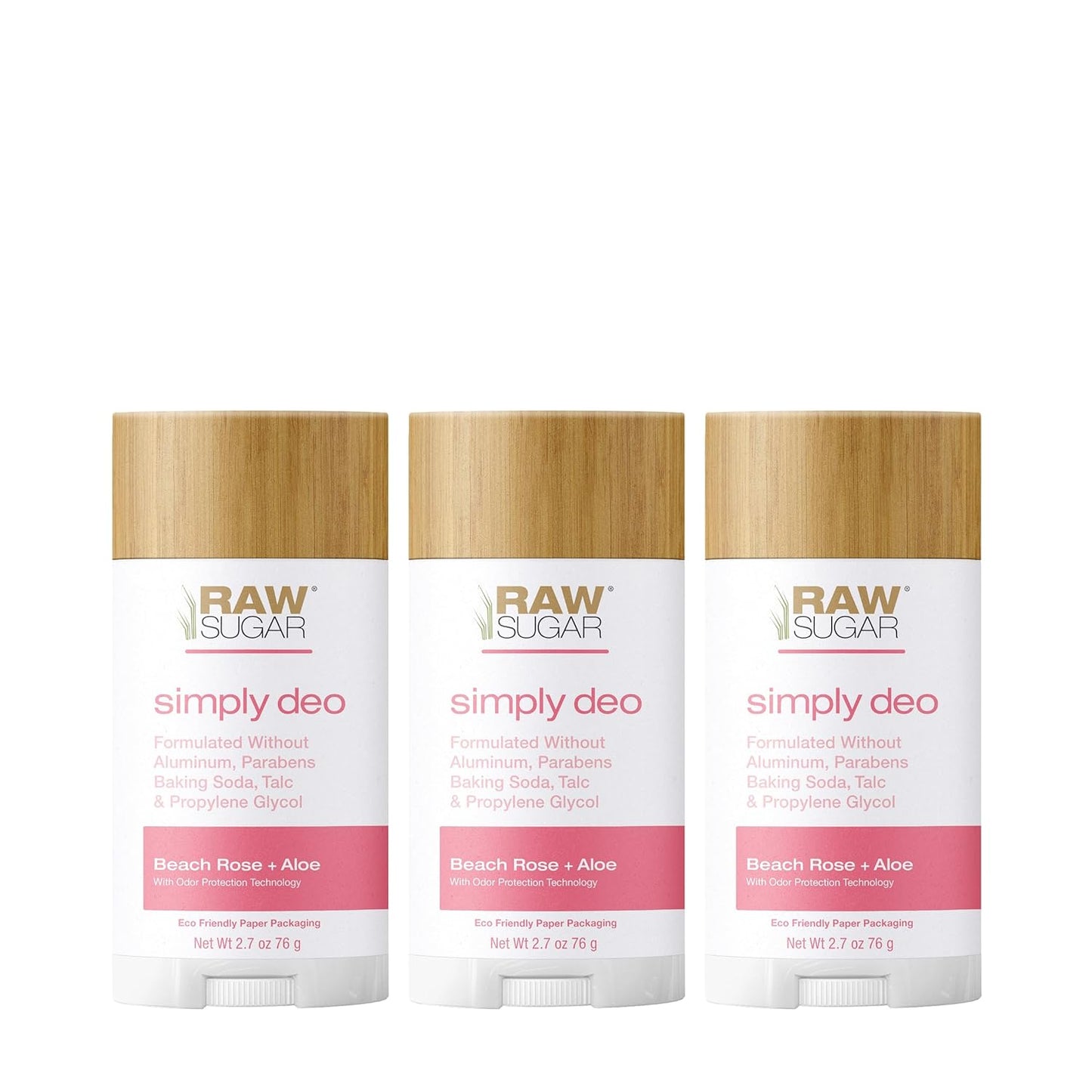 Raw Sugar Aluminum Free Deodorant Stick, Simply Deo Bundle (Pack of 3) Whole Body Deodorant for Women & Men, Clean Formulated without Baking Soda, Talc & Parabens, Beach Rose + Aloe Scent