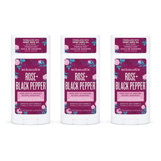 Schmidt's Aluminum Free Natural Deodorant for Women and Men, Rose + Black Pepper for Sensitive Skin with 24 Hour Odor Protection, Certified Cruelty Free, Vegan Deodorant, 3.25 Ounce (Pack of 3)