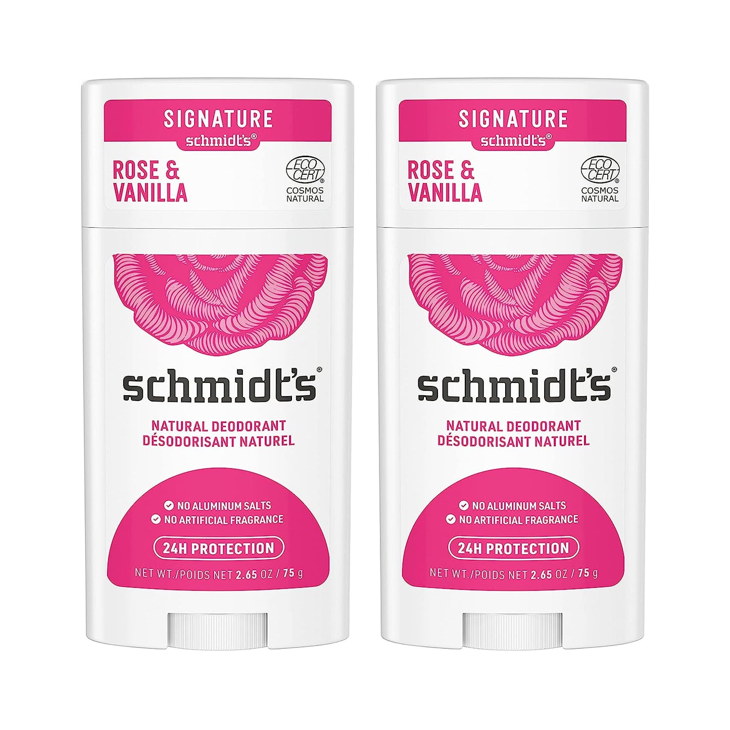 Schmidt's Aluminum Free Natural Deodorant for Women and Men, Rose and Vanilla with 24 Hour Odor Protection, Certified Natural, Vegan, Cruelty Free, 2.65 oz Pack of 2