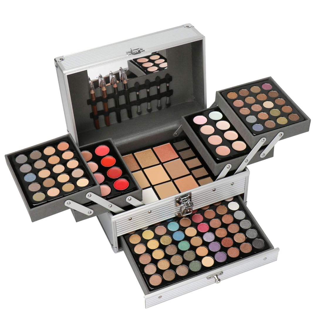 Pure Vie 132 Colors Carry All Trunk Pro Makeup Kit Including 94 Eyeshadow, 12 Concealer, 3 Pressed Powder, 12 Lip Gloss, 3 Blush, 8 Eyebrow Powder - Make Up Contouring Kit for Salon and Daily Use #N2