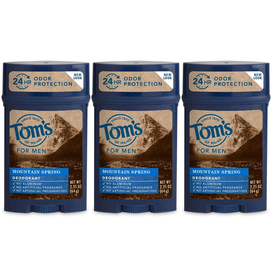 Tom's of Maine Long-Lasting Aluminum-Free Natural Deodorant for Men, Mountain Spring, 2.25 oz. 3 Count (Pack of 1)