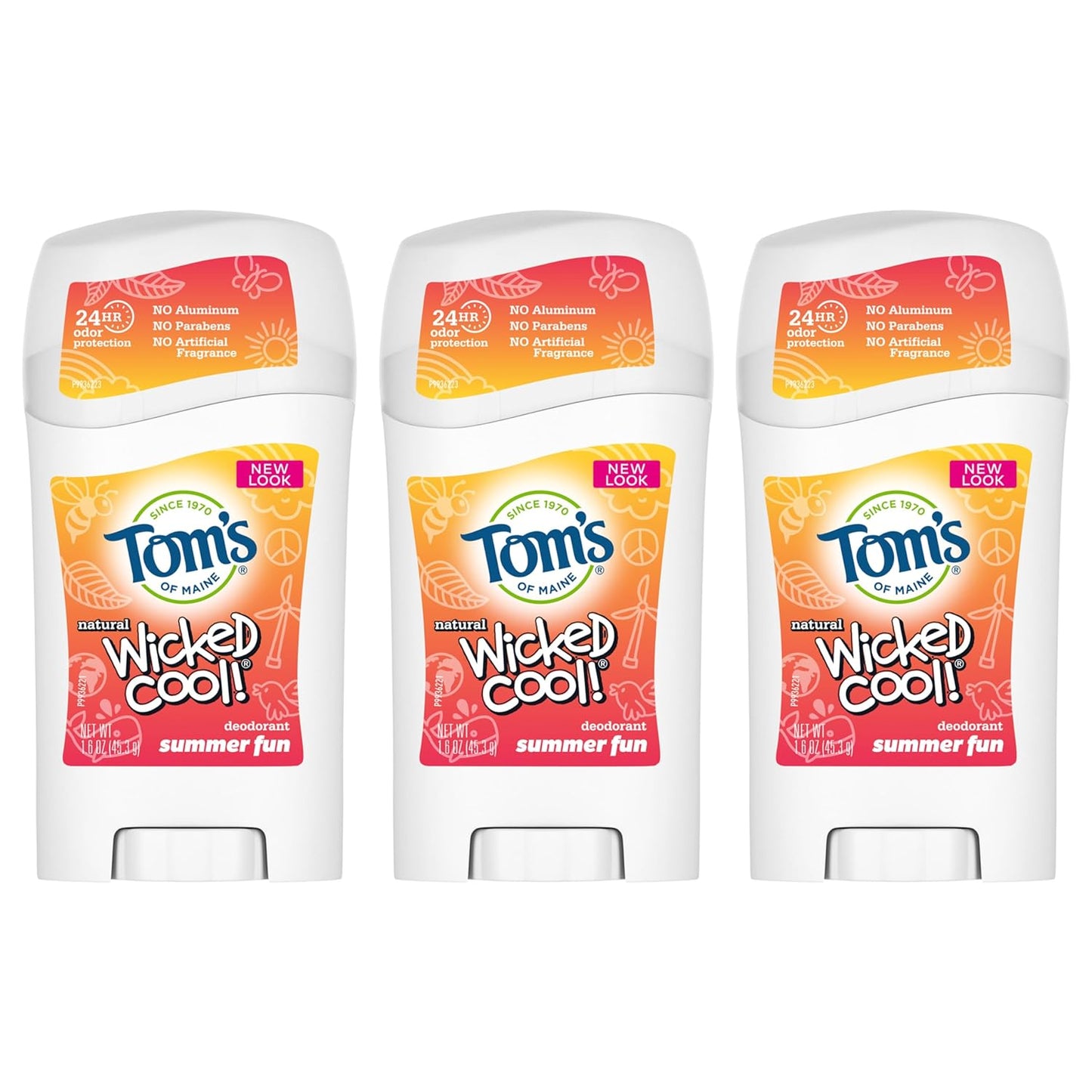 Tom's of Maine Aluminum-Free Wicked Cool! Natural Deodorant for Kids, Summer Fun, 1.6 oz. 3-Pack (Packaging May Vary)