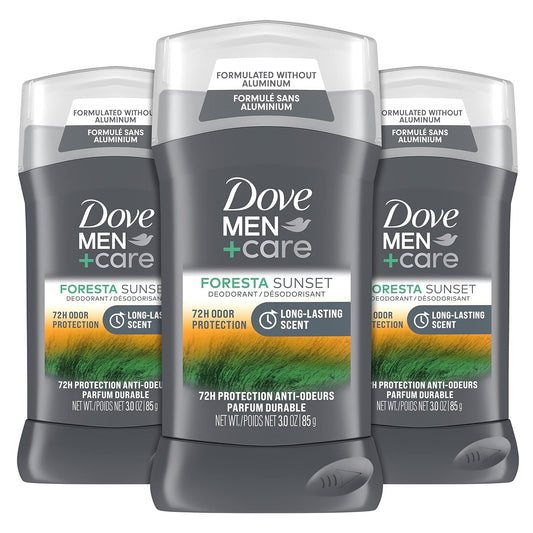 DOVE MEN + CARE Deodorant Stick For Men Foresta Sunset 3 Count Aluminum Free 72-Hour Odor Protection Mens Deodorant With Essential Oils & 1/4 Moisturizing Cream 3oz
