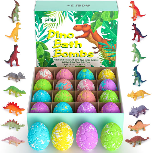 16 Pack Dinosaur Bath Bombs for Kids with Surprise Inside, Dino Bath Bombs with Toys Inside for Boys Girls Toddlers, Organic Kids Bath Bombs Bubble Bath Dinosaur Bath Toys Valentine Easter Gift Set