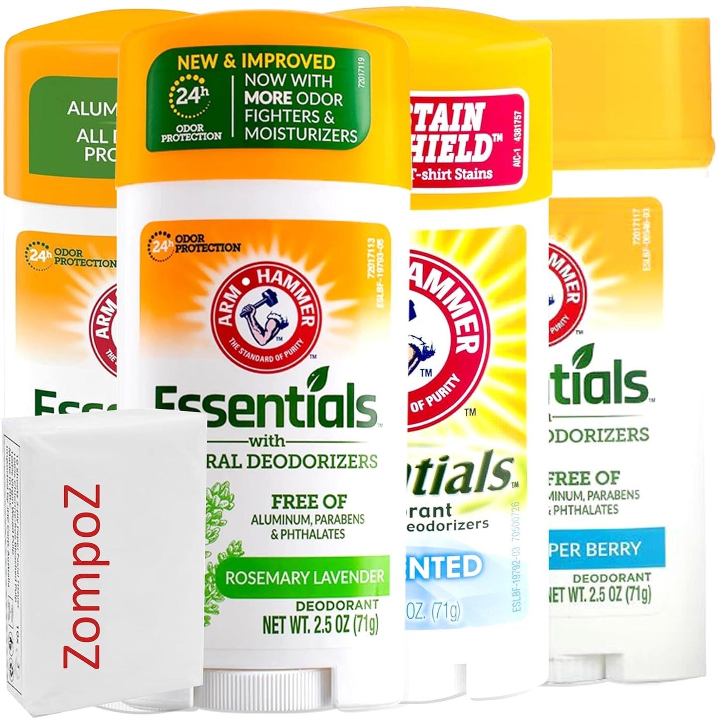 Arm and Hammer Essentials Natural Deodorant Sticks, Variety of 4, Solid Sticks, Unscented, Fresh Rosemary Lavender, Orange Citrus, Juniper Berry Scents, 2.5 oz Each Plus Bonus Zompo-Z Tissue Packet