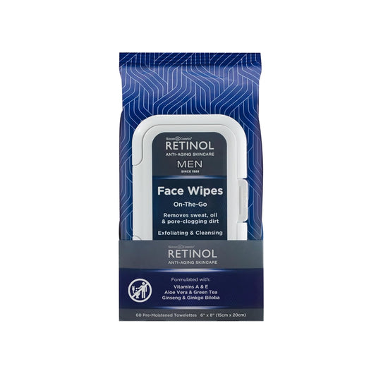Retinol Men Facial Wipes Anti-Aging Cleansing Towelettes - Quickly cleanse face from sweat, oil and pore-clogging dirt without any heavy residue