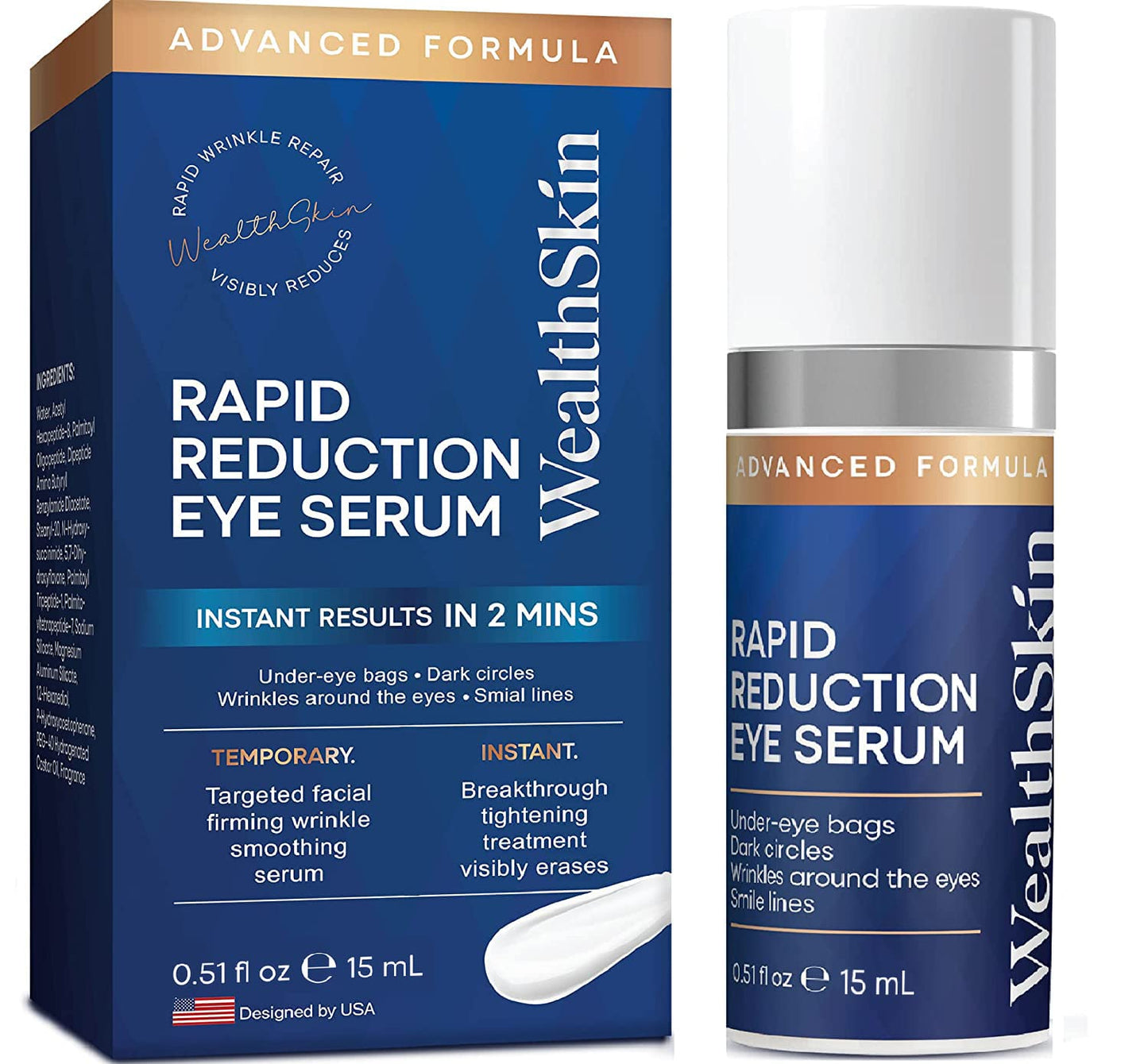 Wealthskin Rapid Rewind Wrinkle Reduction, Eye Cream for Dark Circles and Puffiness, anti aging, Anti-aging Reduction Cream, Under Treatment Women 0.5 FL.OZ (15 mL Big)