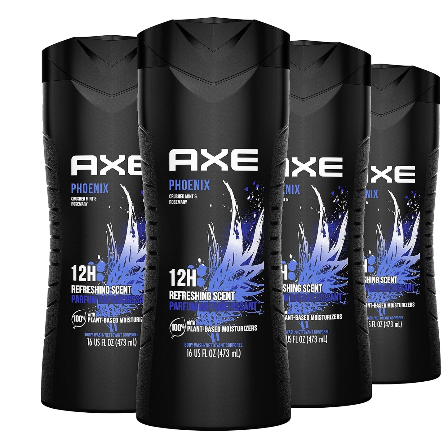 AXE Body Wash Phoenix 12h Refreshing Scent Crushed Mint & Rosemary 4 count Men's Body Wash with 100% Plant-Based Moisturizers 16 oz