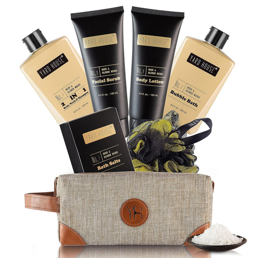 Yard House Mens Bath and Body Gift Set - Musk and Blonde Woods - Luxury Fathers Day Gifts From Daughter, Wife, Son For Dad, Husband - Relaxing Spa Kit for Him in Toiletry Bag w. Full Size Items