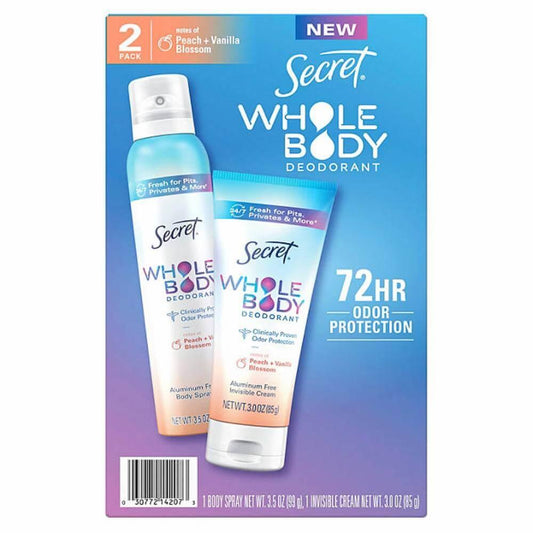 Secret - Whole Body Deodorant for Women, Spray + Cream, Peach & Vanilla Blossom - 2 Pack
